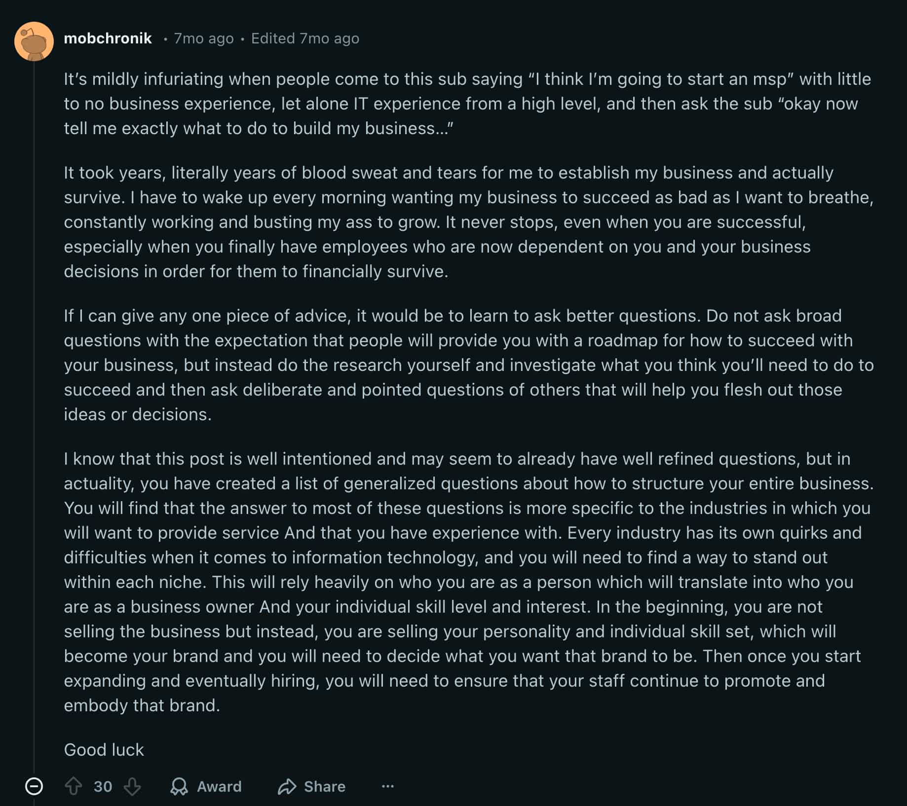 Reddit comment from u/mobchronik on starting an MSP business