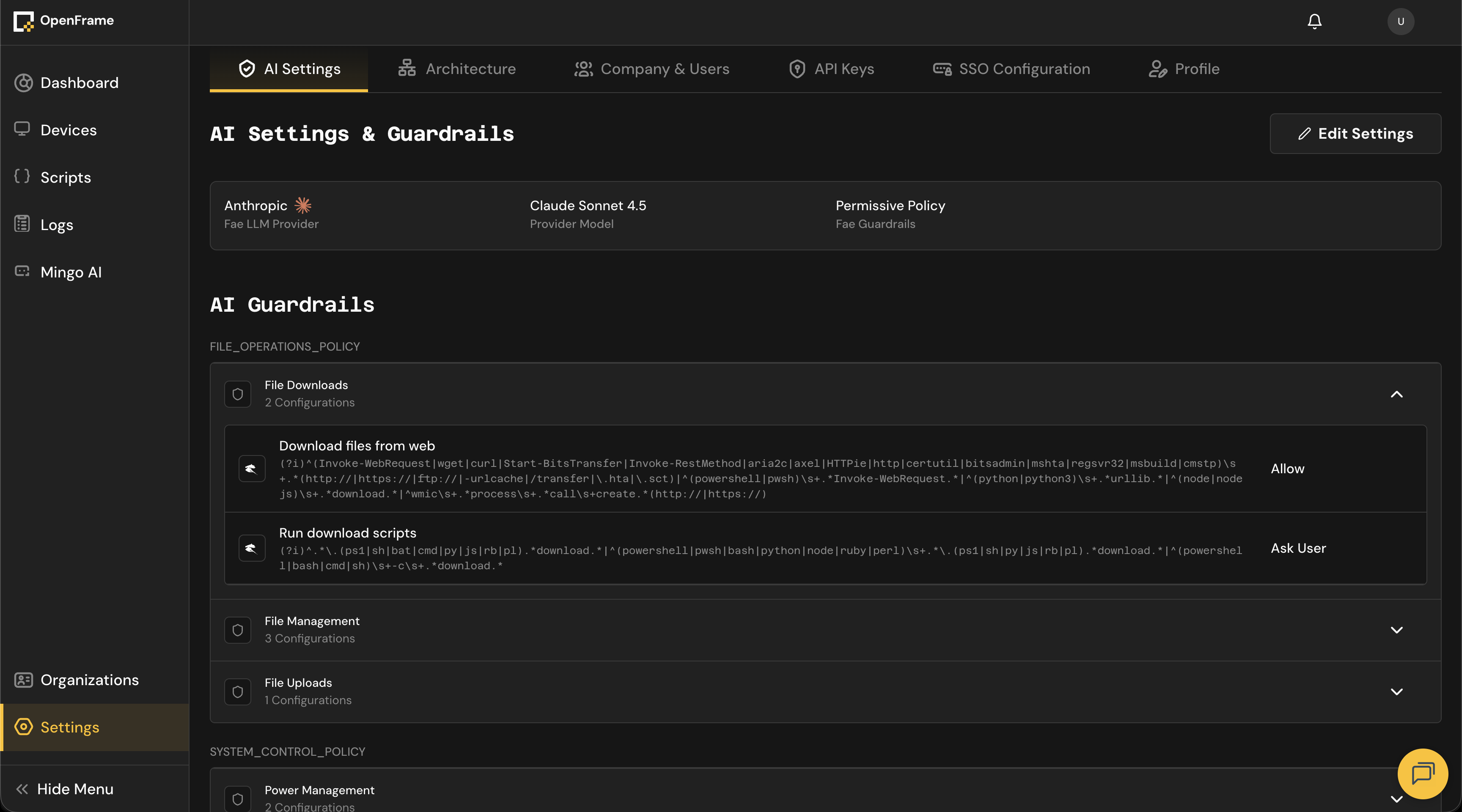 AI Guardrails Setting Screen