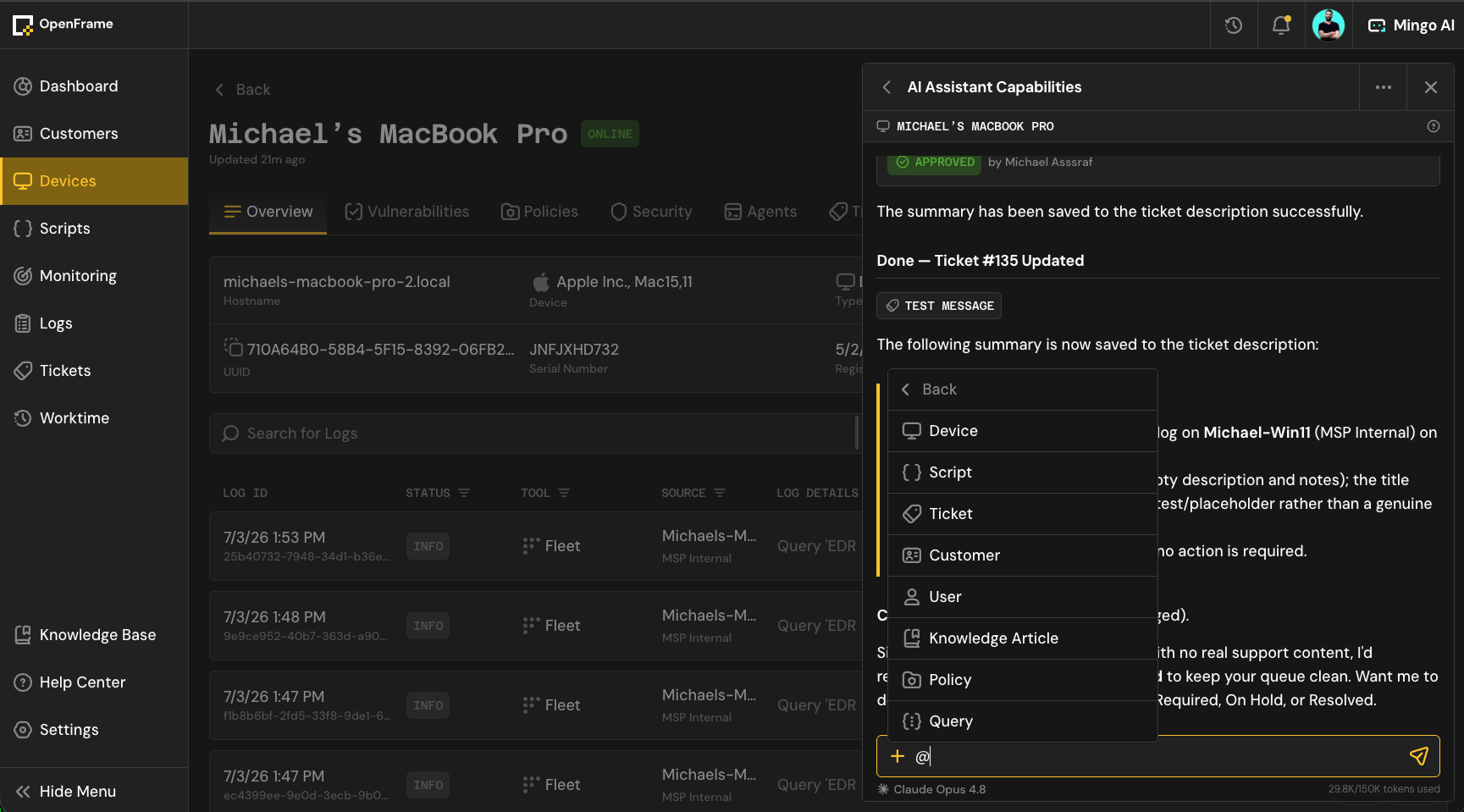 Support for "at" Chat for Mingo Context