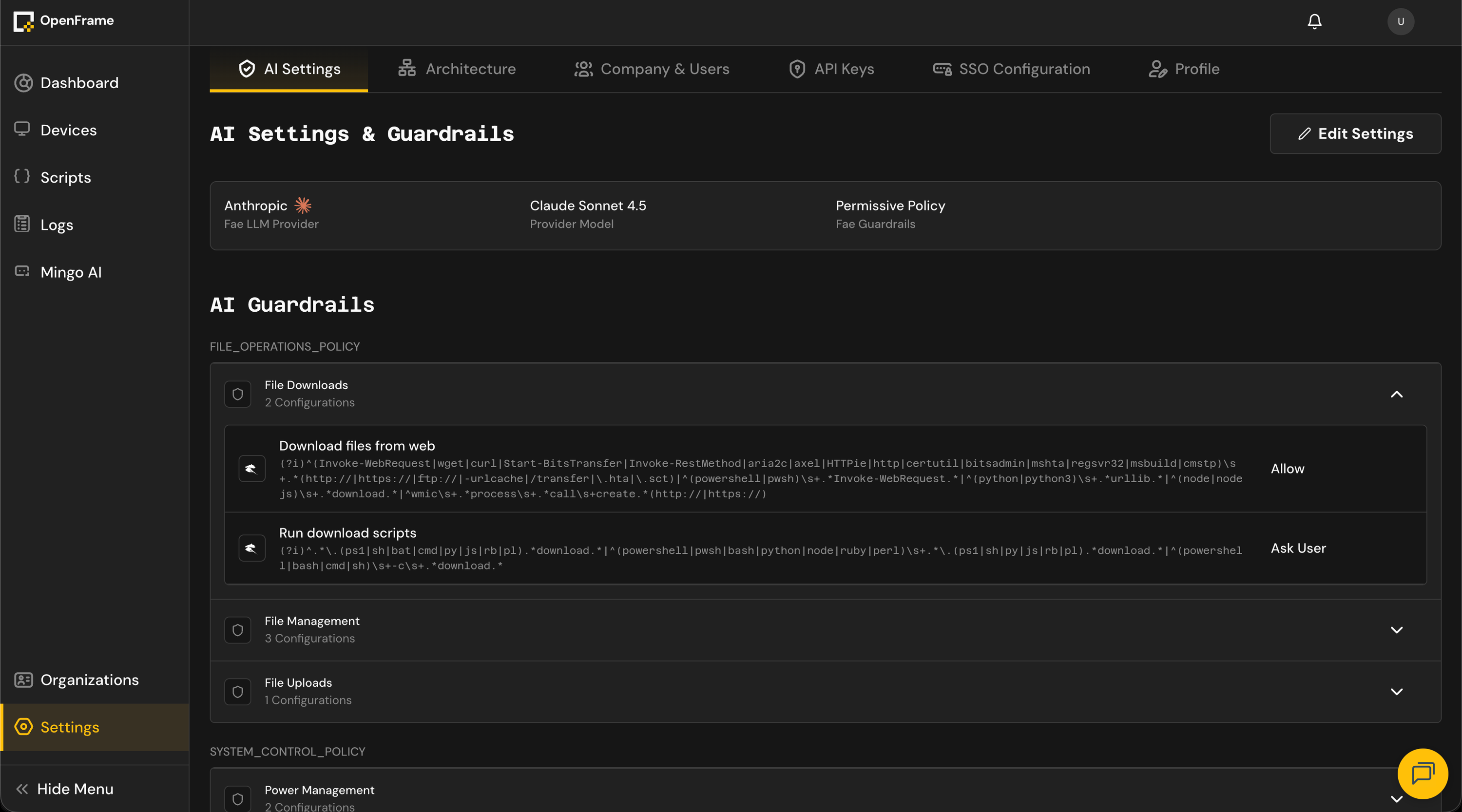 AI Guardrails Setting Screen