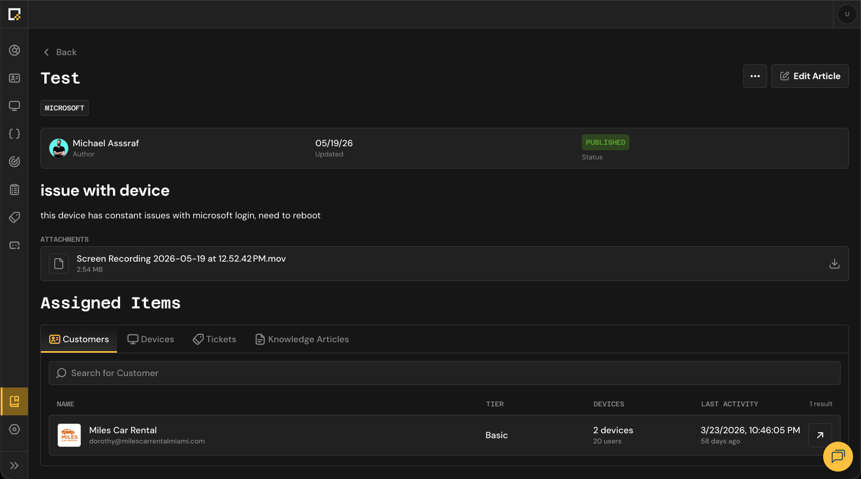 Knowledge Base Article Assigned Items
