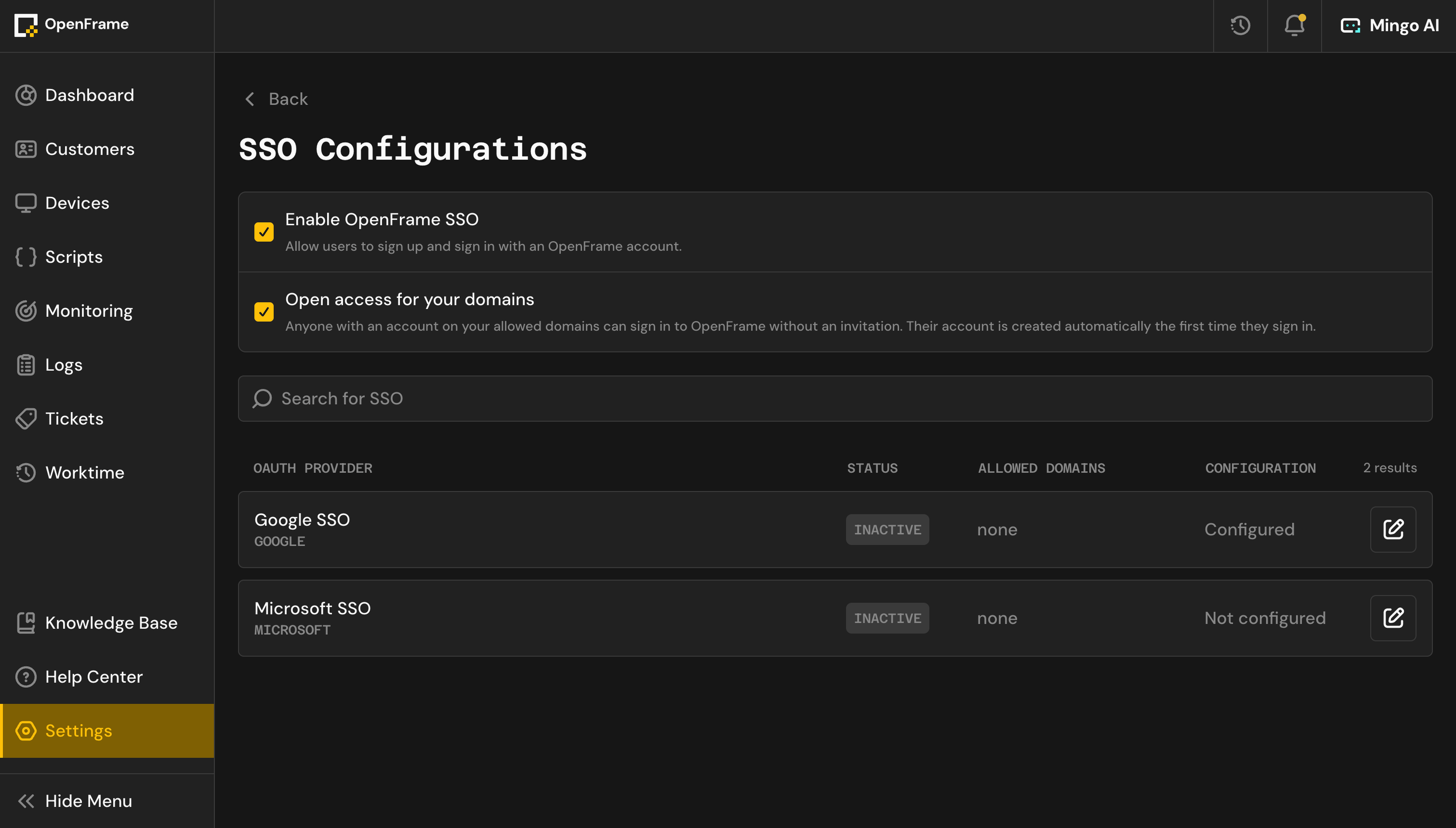 Enable/Disable OpenFrame SSO