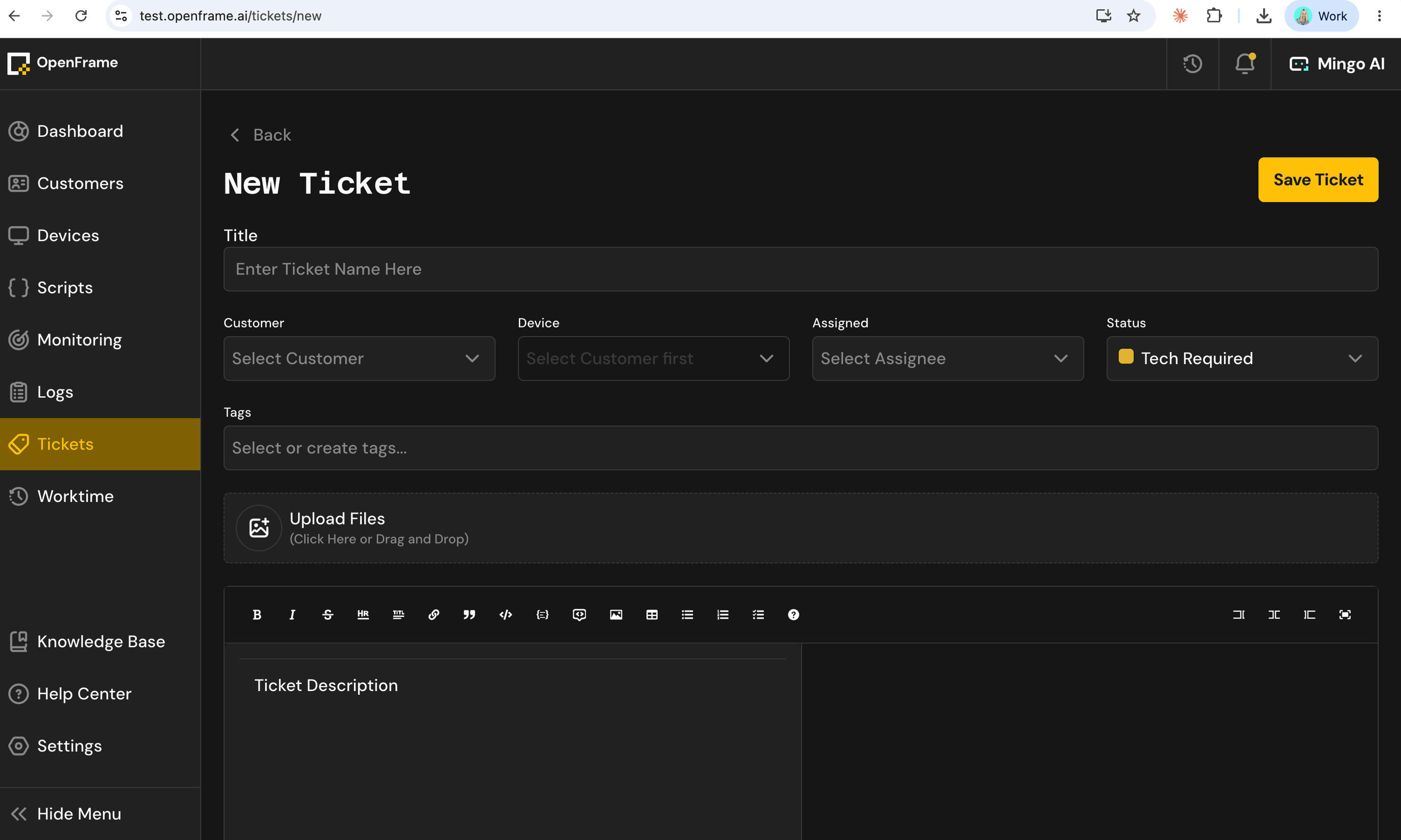 Tech Required status in a new ticket
